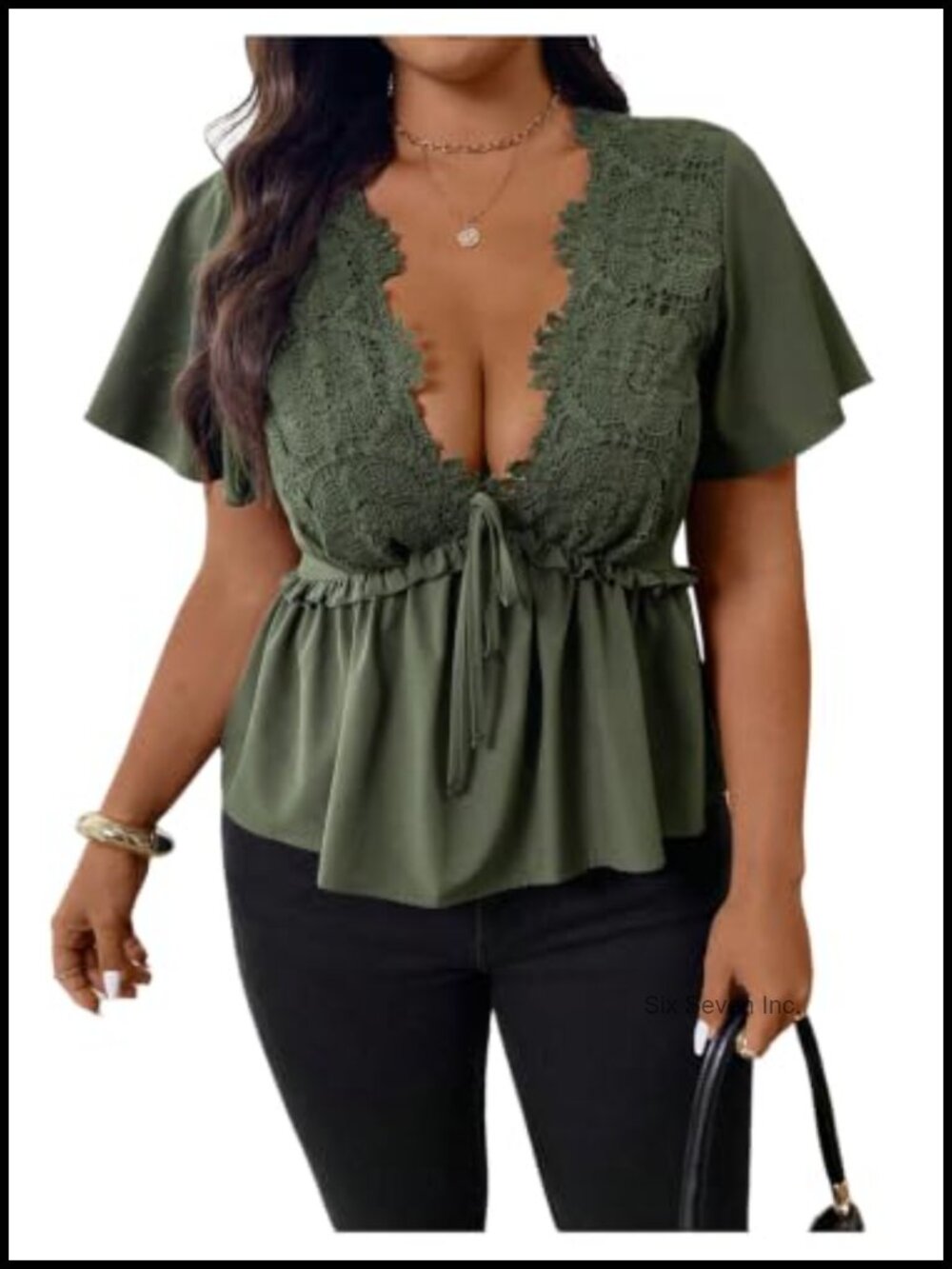 Plus Size Lace Trim Peplum Blouse Ruffle Sleeve Tie Front V-Neck Top